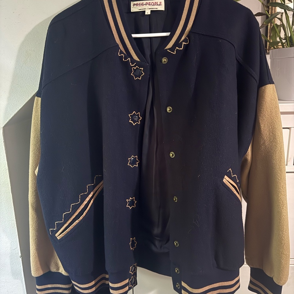 Free People wool Navy and Tan Contrast Varsity Jacket - Picture 7 of 7